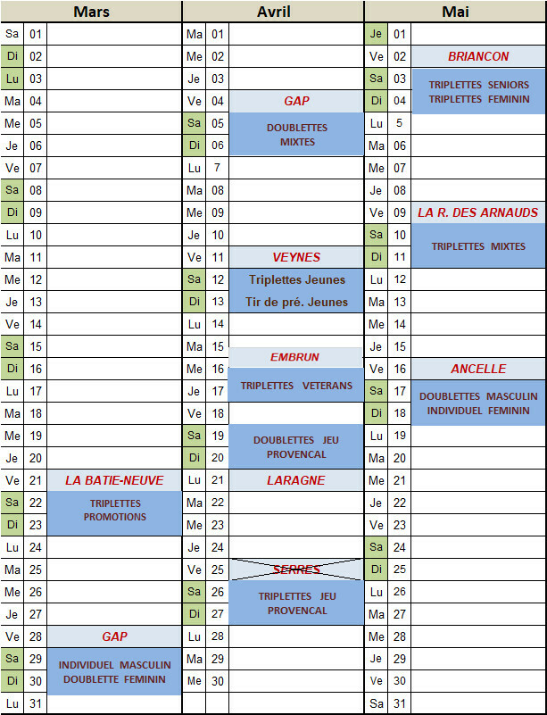 Calendrier des championnats départementaux 2025