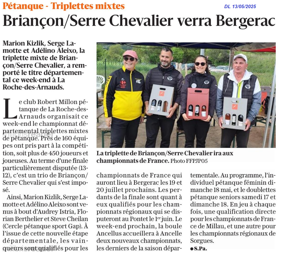 Championnat départemental triplettes mixtes les 10 et 11 mai 2025 à LA ROCHE DES ARNAUDS : 157 équipes 