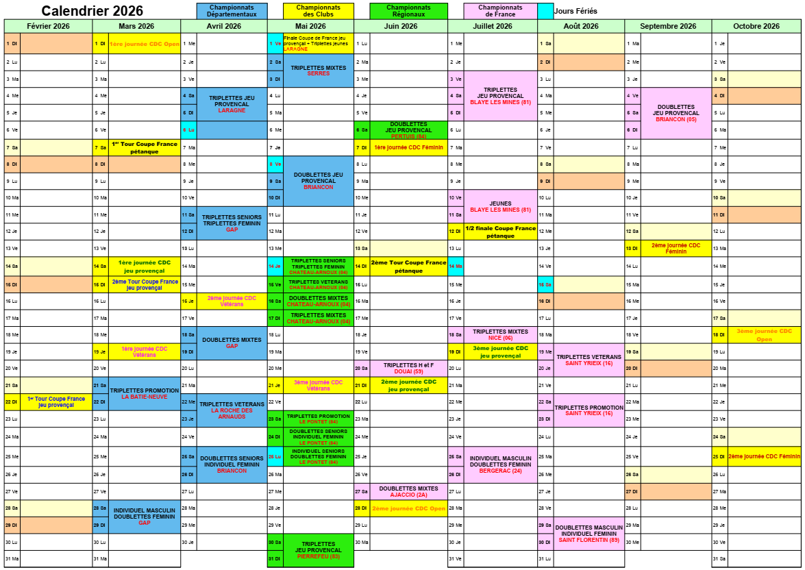 CALENDRIER 2026 des CHAMPIONNATS