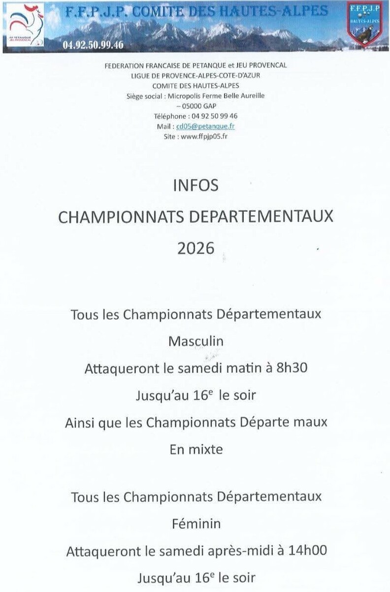 Infos championnats départementaux