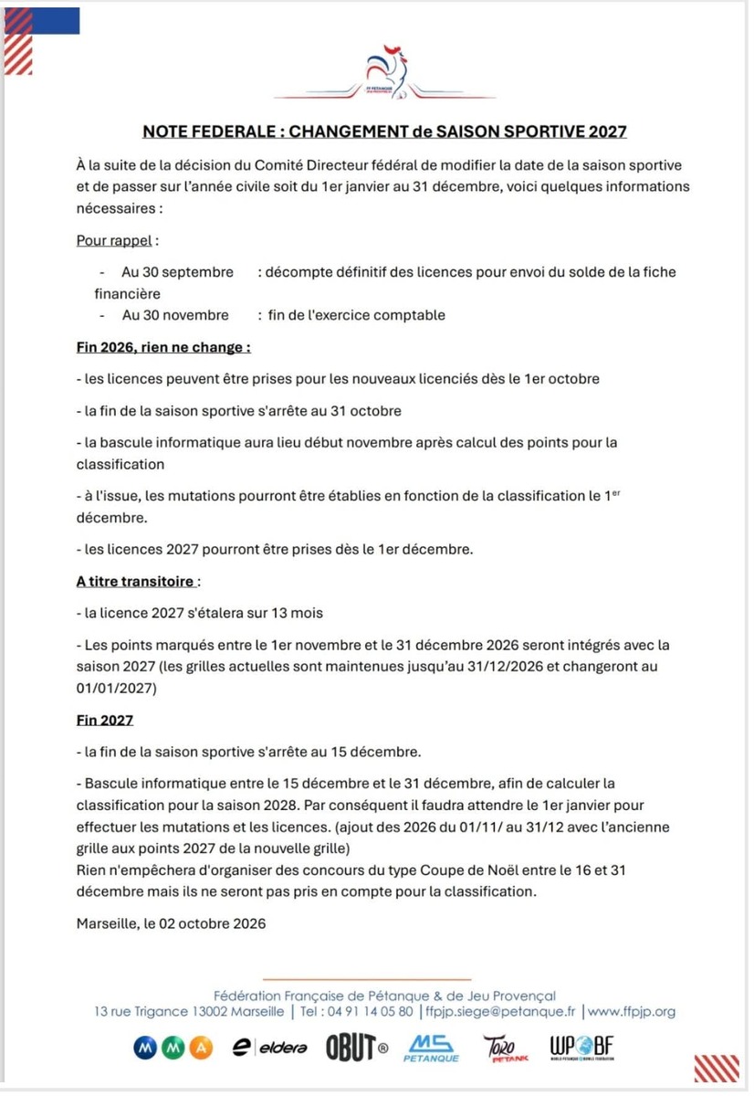 Changement dates saison sportive 2027